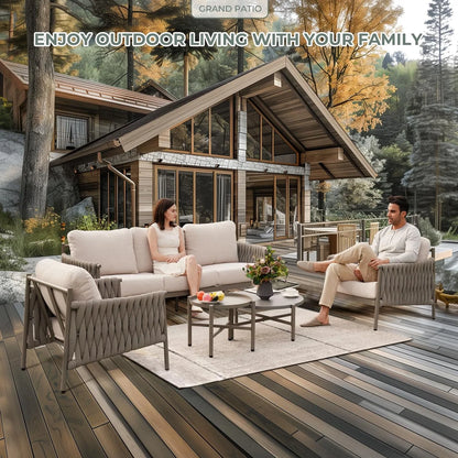 Grand Patio 5-Piece Furniture Set, Cotton Rope Outdoor Conversation Set with Deep Seating, Thick Cushions, Water-Resistant, 2 Coffee Tables, Backyard/Porch