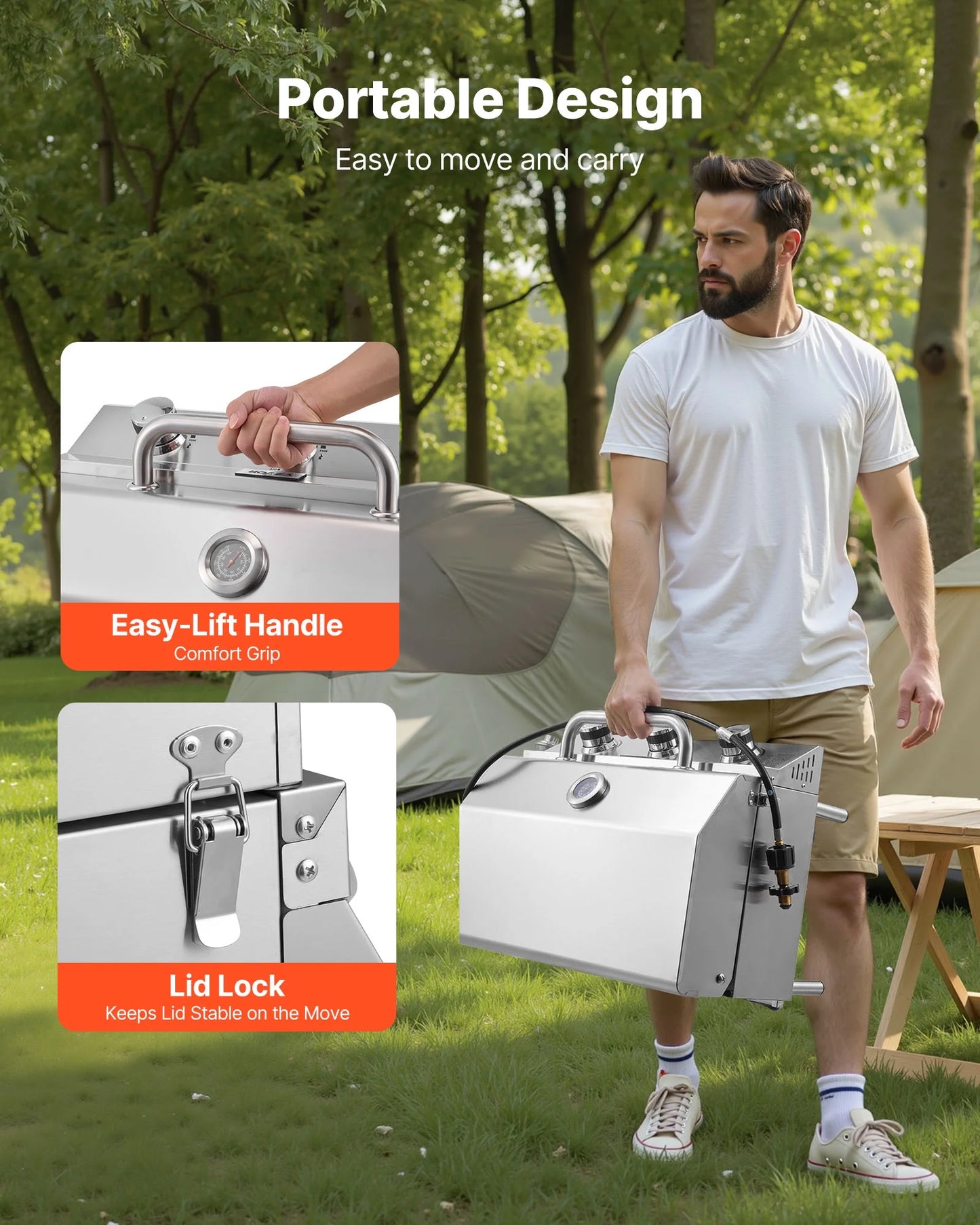 VEVOR Tabletop Gas Grill, 3-Burner Stainless Steel Portable Propane Grill, with Built-in Thermometer, Travel Locks, Weatherproof Lid, 22,500 BTU Total, for Outdoor Cooking,Patio,Party,Camping,RV