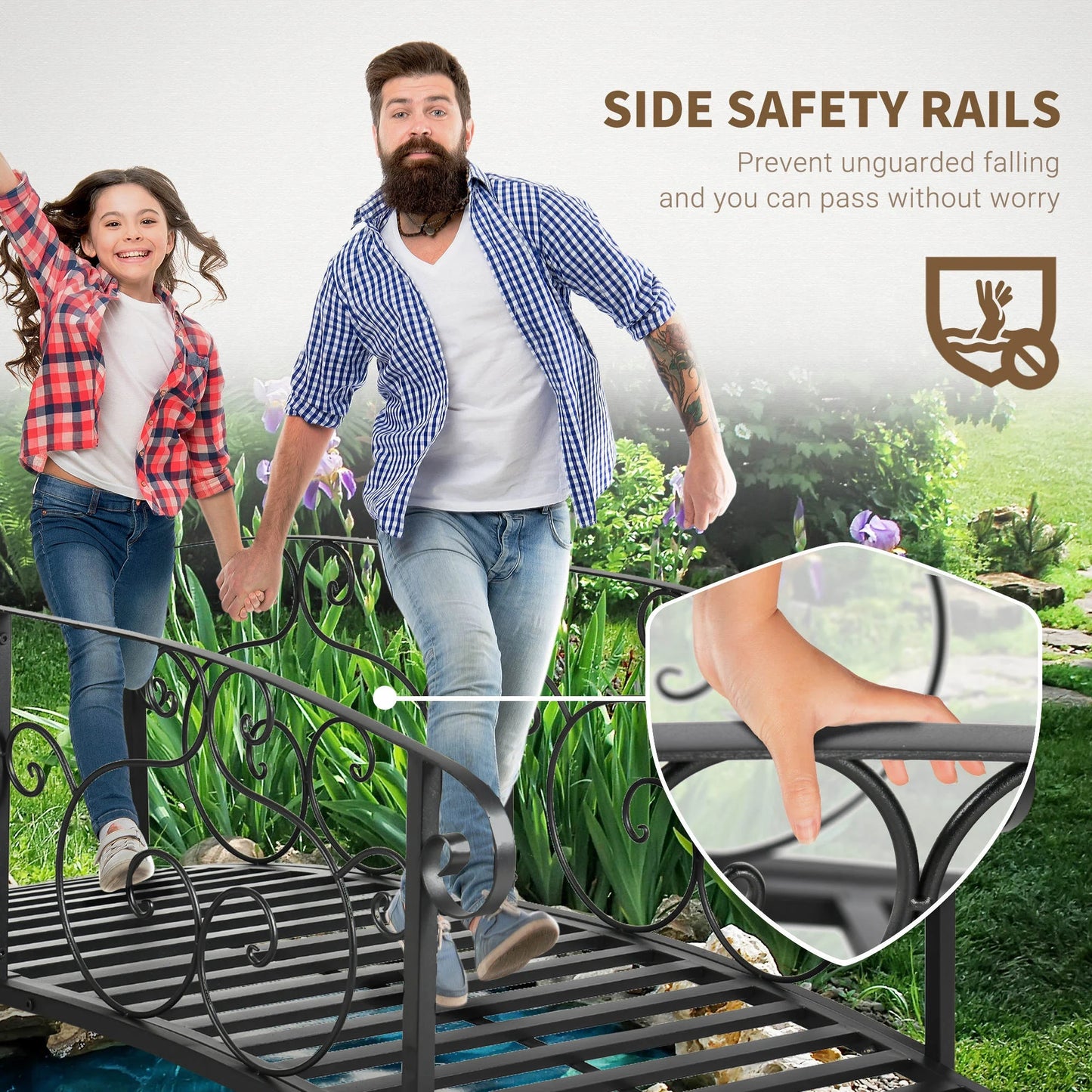 JWRWEF 6FT Garden Bridge with Safety Rails, Decorative Outdoor Steel Pond Bridge, Vine Pattern Handrails for Backyard, Walkway, Yard, Patio, Water Feature