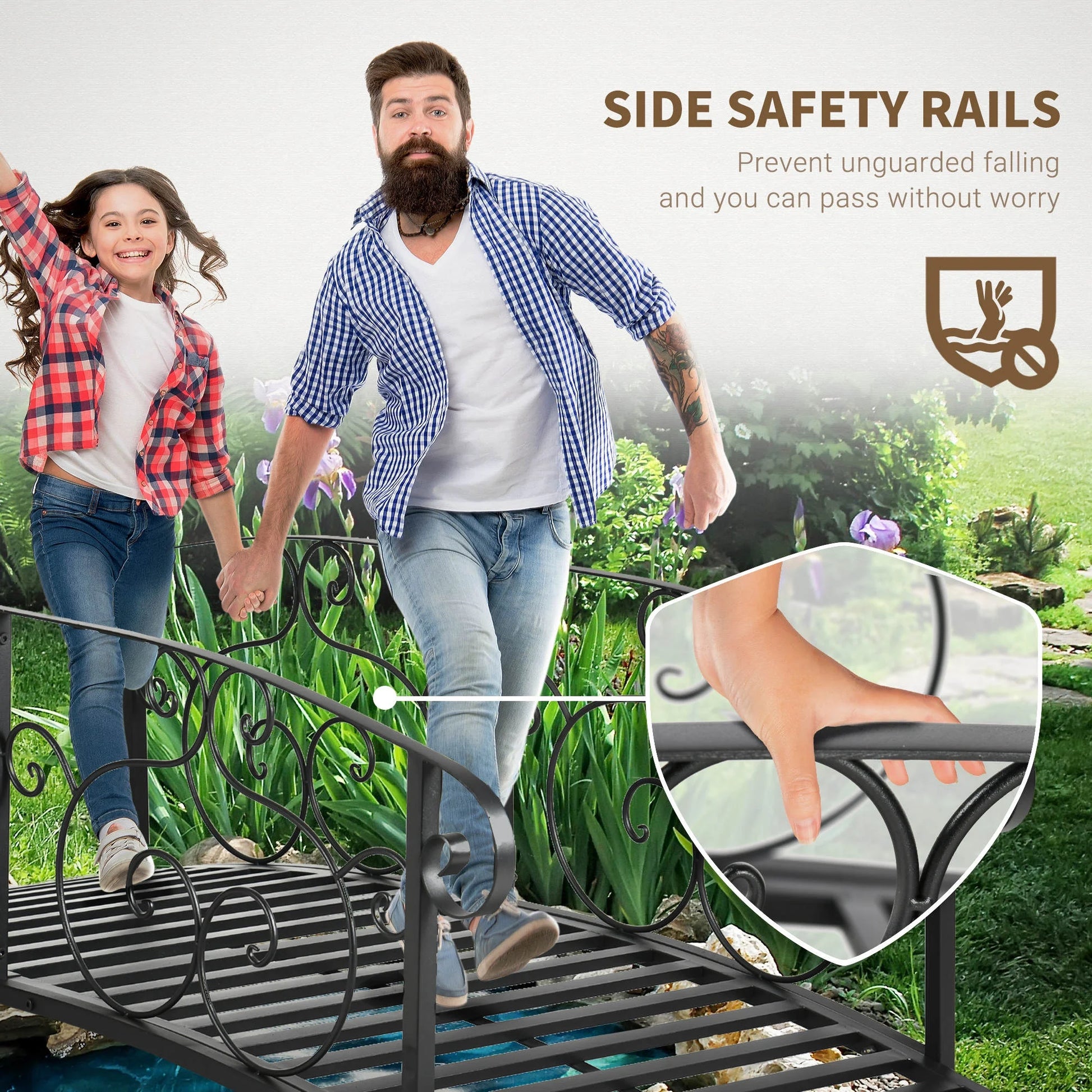 JWRWEF 6FT Garden Bridge with Safety Rails, Decorative Outdoor Steel Pond Bridge, Vine Pattern Handrails for Backyard, Walkway, Yard, Patio, Water Feature