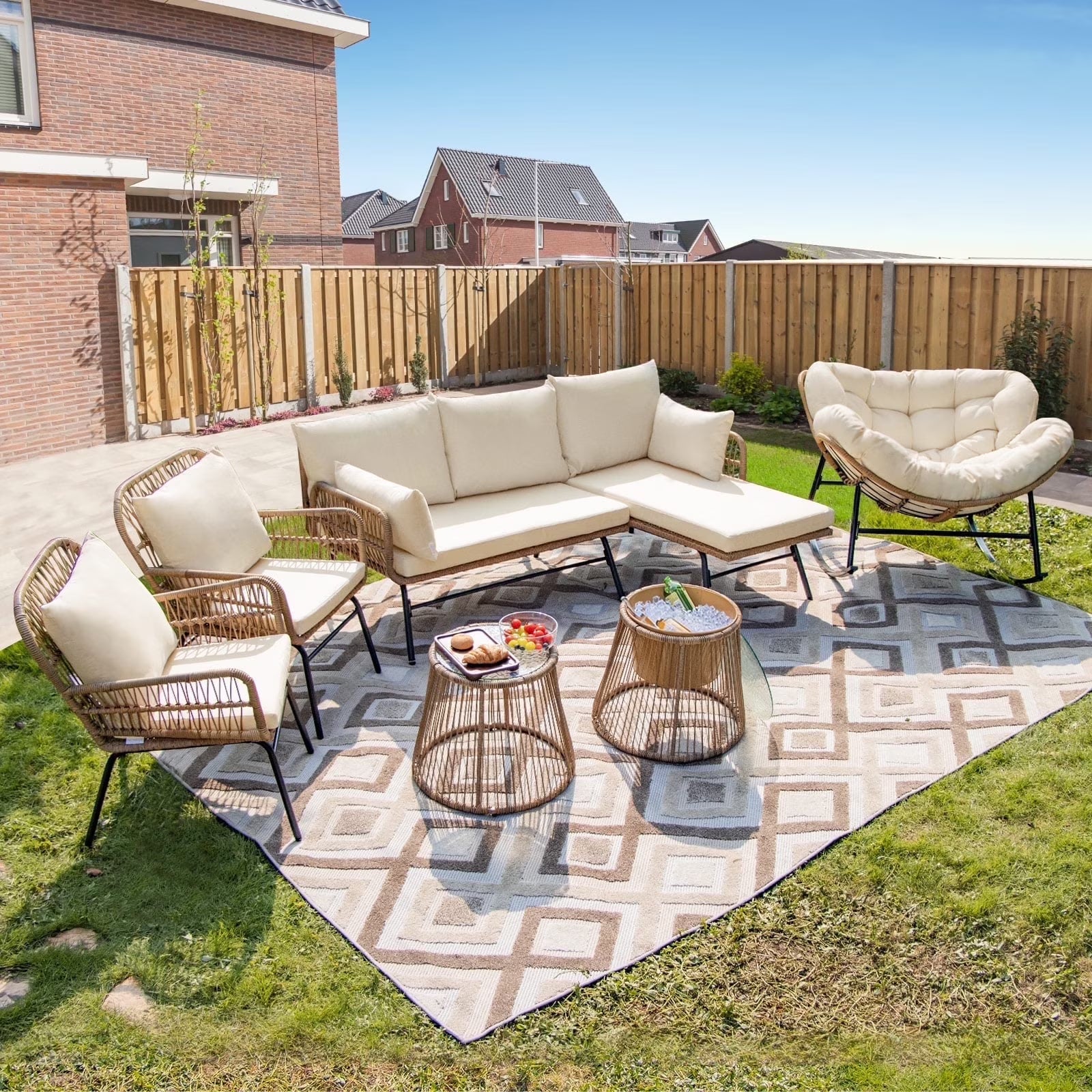 RADIATA 6-Piece Boho Patio Furniture Set, Outdoor Wicker Sectional Sofa Conversation Set with Ice Bucket & Coffee Table, 500lbs Capacity, Beige