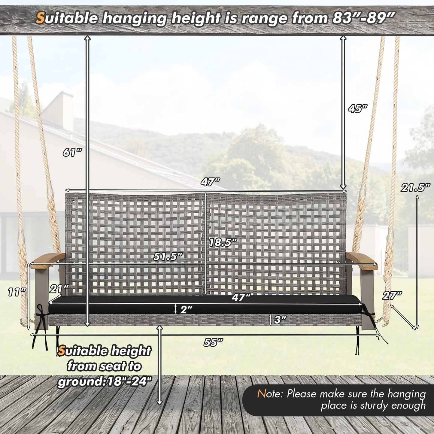 Costway 2-Person Patio Wicker Hanging Swing Chair Loveseat Cushion Porch Black