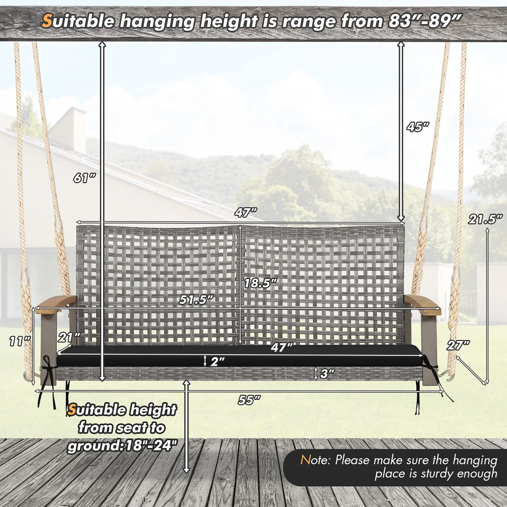 Costway 2-Person Patio Wicker Hanging Swing Chair Loveseat Cushion Porch Black