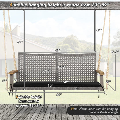 Costway 2-Person Patio Wicker Hanging Swing Chair Loveseat Cushion Porch Black