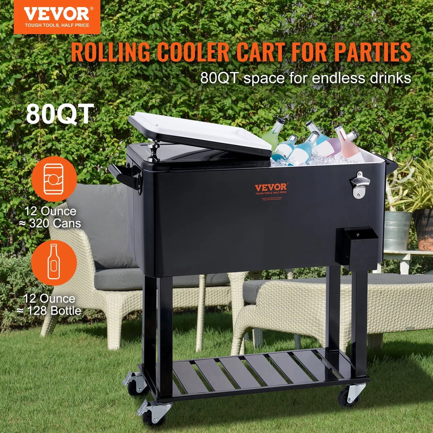 BENTISM 80Qt Rolling Cooler Cart with Bottle Opener Drainage Patio Party Bar Drink
