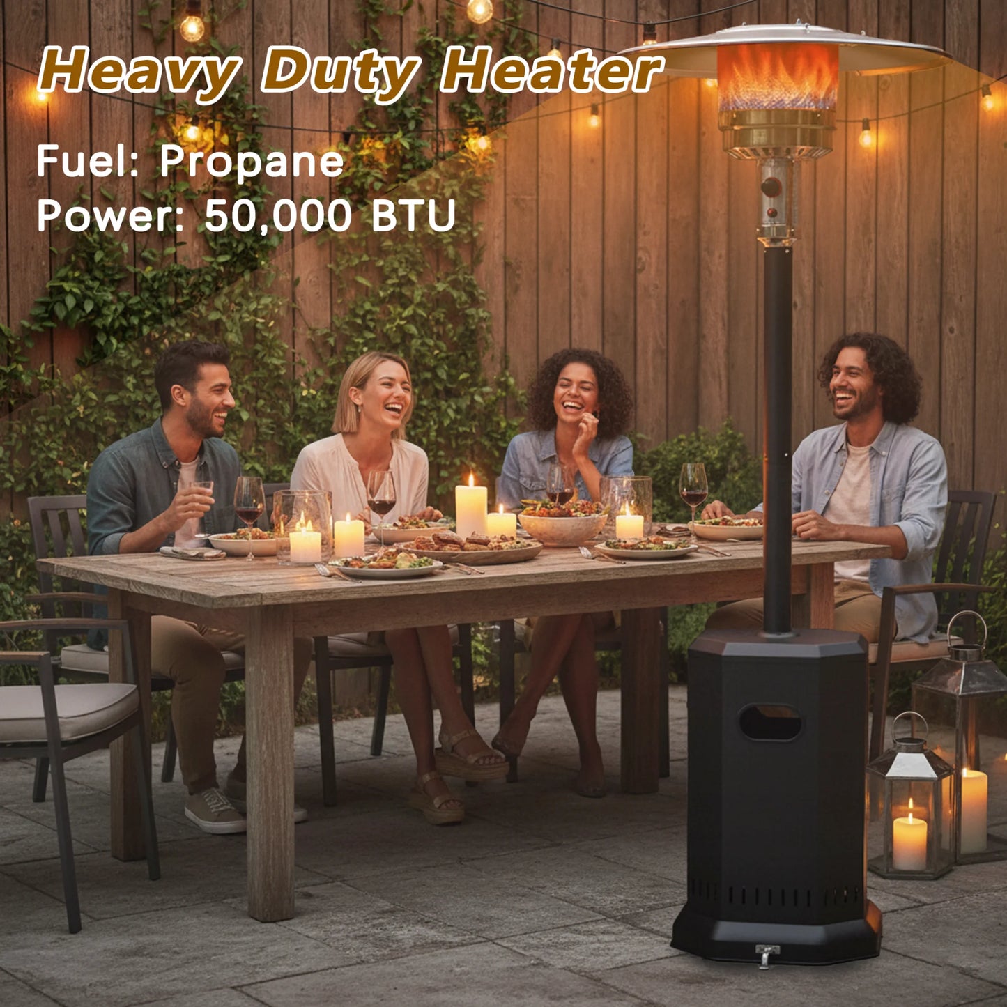 50000 BTU Propane Patio Heater with 20ft Heating Radius, Outdoor Heavy Duty Heater with Wheels & Adjustable Thermostat, Commercial & Residential Use, Freestanding Heater for Yard& Porch