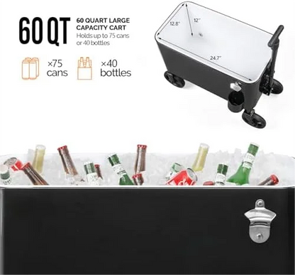 80 Quart Wagon Rolling Cooler Ice Chest,/Long Handle and 10" Wheels, Portable Beach Patio Party Bar Cold Drink Beverage, Outdoor Park Cart on Wheels