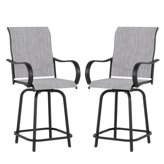 ELPOSUN Patio Swivel Bar Stools Chair of 2, Outdoor Bar Height Set, All Weather High Back and Armrest Rocking Stools & Bar Chairs for Backyard, Lawn Garden, Balcony and Pool, Grey White
