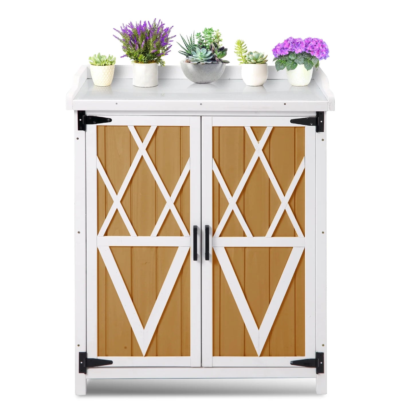 Garvee Potting Bench Table with Galvanized Metal Tabletop, Weatherproof Outdoor Storage Cabinet with Adjustable Shelves, Wood Gardening Table Workstation for Yard Patio Lawn, White+Natural