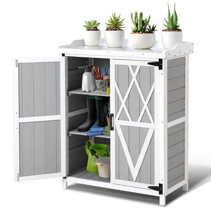 AOILE Potting Bench Outdoor Cabinet with Metal Tabletop Wooden Storage Cabinets Weatherproof for Outside Planting Work Benches with Adjustable Shelf and Doors for Garden Patio Lawn