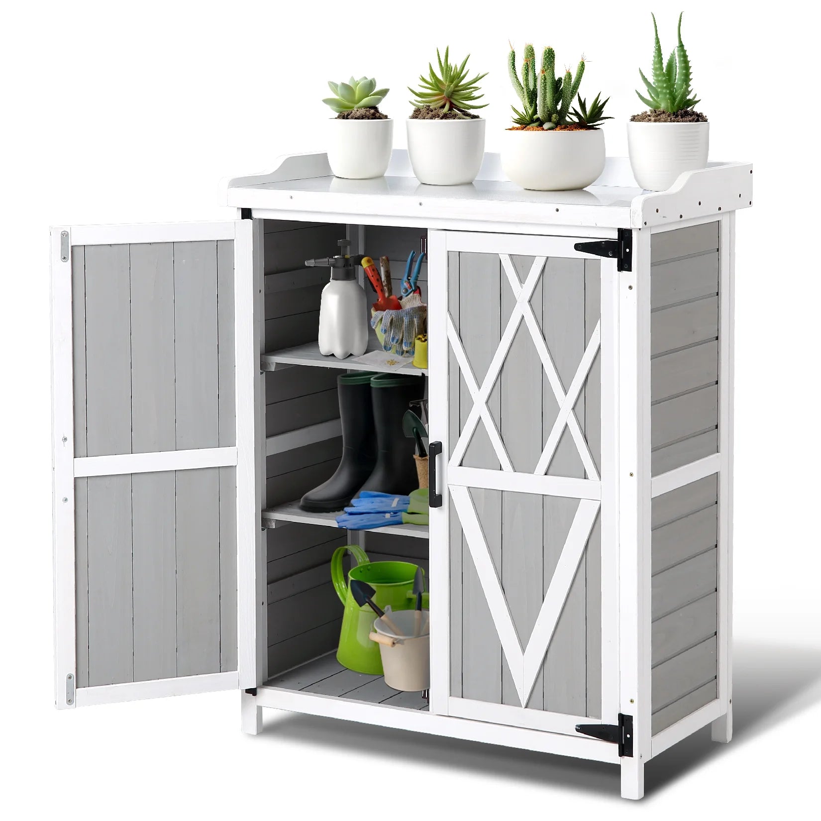 Garden Potting Bench Table,Outdoor Garden Horticultural Wooden Storage Cabinet & Wood Planting Work Bench with Adjustable Shelf & Metal-Plated Tabletop,Double-Door Work Bench for Backyard Patio Lawn