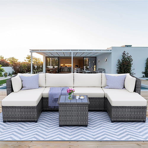 7 Piece Rattan Sectional Sofa Set, Outdoor Conversation Set, All-Weather Wicker Sectional Seating Group with Cushions & Coffee Table, Morden Furniture Couch Set for Patio Deck Garden Pool, K2774