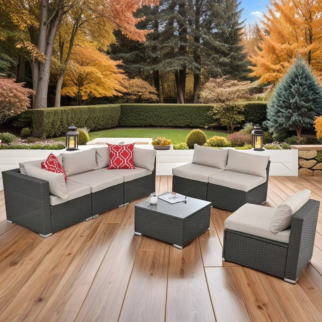 7 Pieces Outdoor Patio Furniture Set, Outdoor Sectional Rattan Sofa, PE Manual Weaving Wicker Patio Conversation Set with Cushion, Glass Table, Pillow, Dark Gray