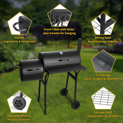 Walchoice Charcoal Grill with Offset Smoker, Barrel BBQ Grill with Wheels, Outdoor Barbecue Grill for Backyard Patio Beach Garden Party, 2 Screwdrivers & 6 Hooks, Black