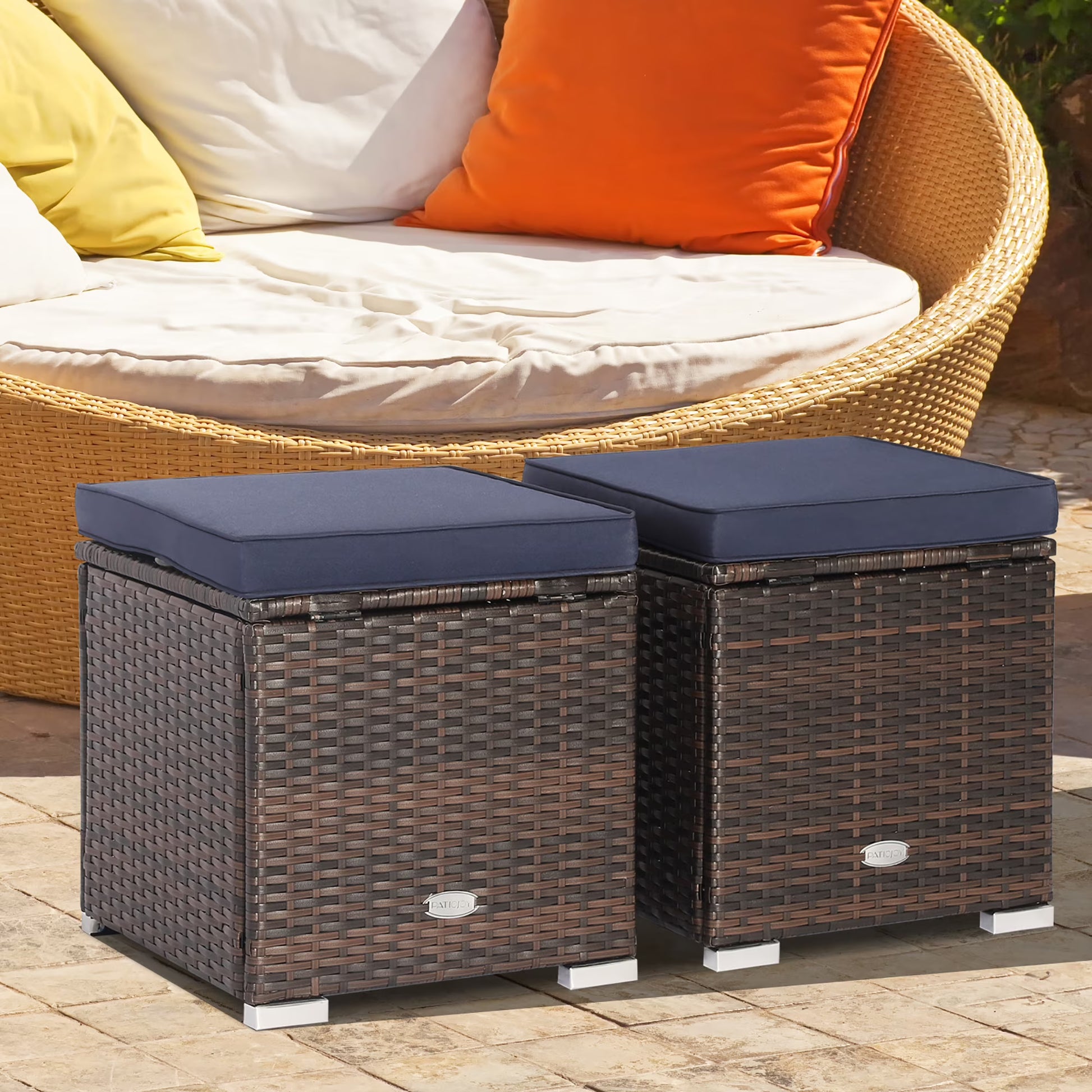 Costway 2PC Patio Rattan Ottoman Seat Side Table Storage Box Footrest Off White