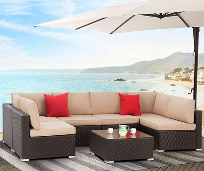 SUNCROWN 6-Piece Outdoor Furniture Patio Sectional Set All-Weather Wicker Conversation Sofa, Light Brown