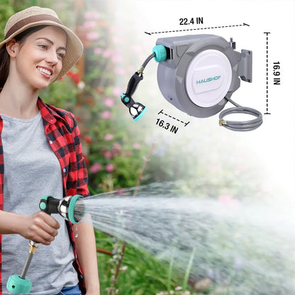 HAUSHOF 1/2" x 100 ft Retractable Garden Hose Reel with Automatic Rewind, 10-Pattern Spray Nozzle, Durable High-Pressure Hose, and 180° Swivel Bracket - Perfect for Watering Gardens, Cleaning Patios