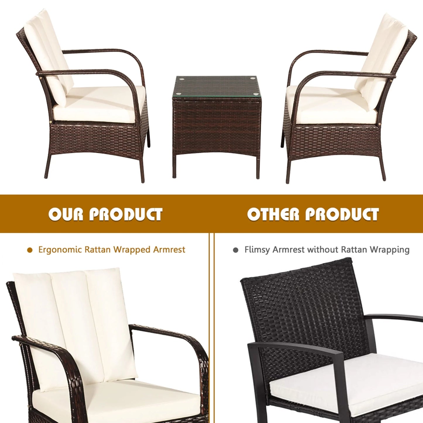 Gymax 3PCS Patio Outdoor Rattan Conversation Set Furniture Set w/Table Cushions