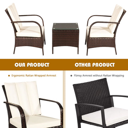 Gymax 3PCS Patio Outdoor Rattan Conversation Set Furniture Set w/Table Cushions
