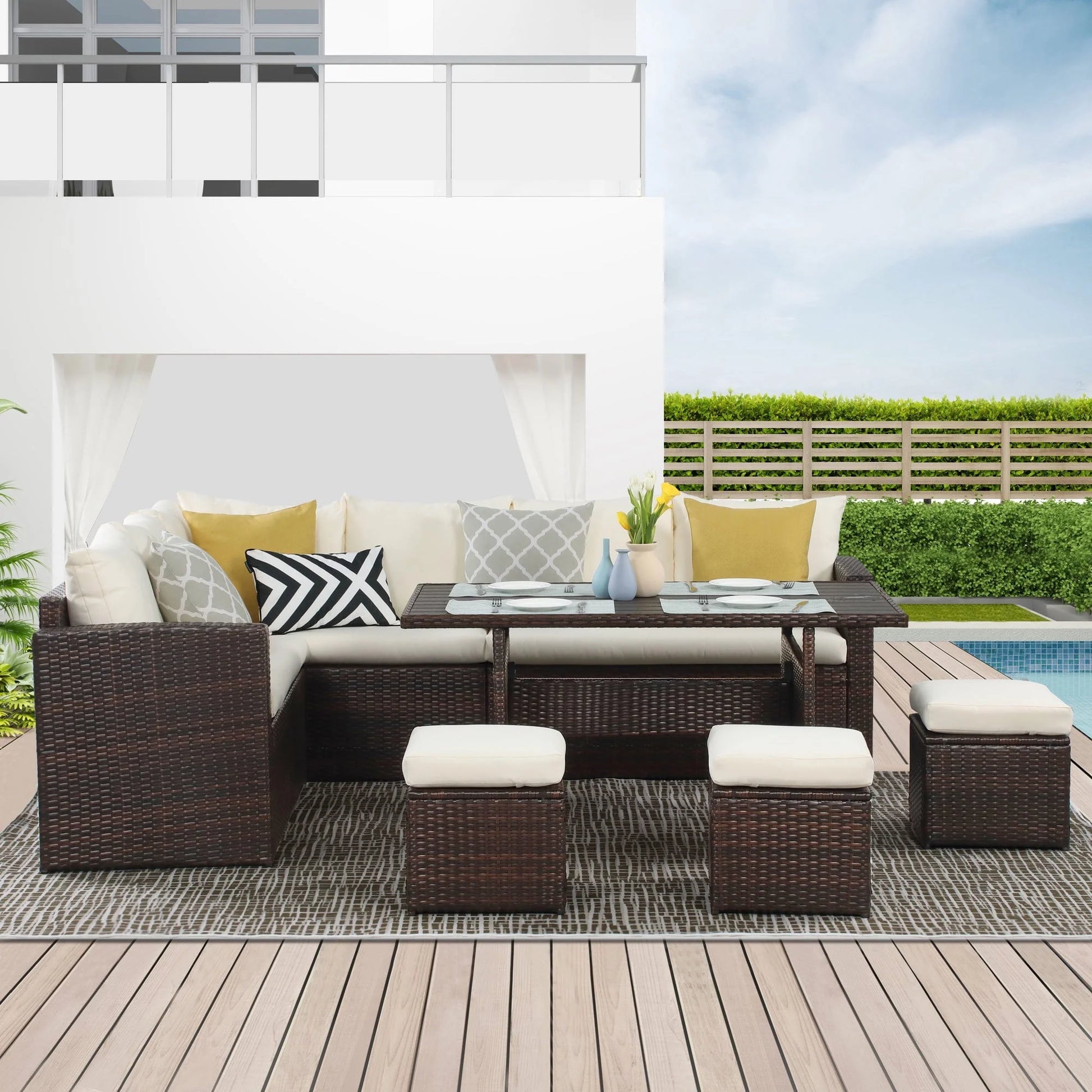 Superjoe 7 Pcs Outdoor Wicker Dining Set Patio Sectional Conversation Set with Table,Steel Frame,Ivory