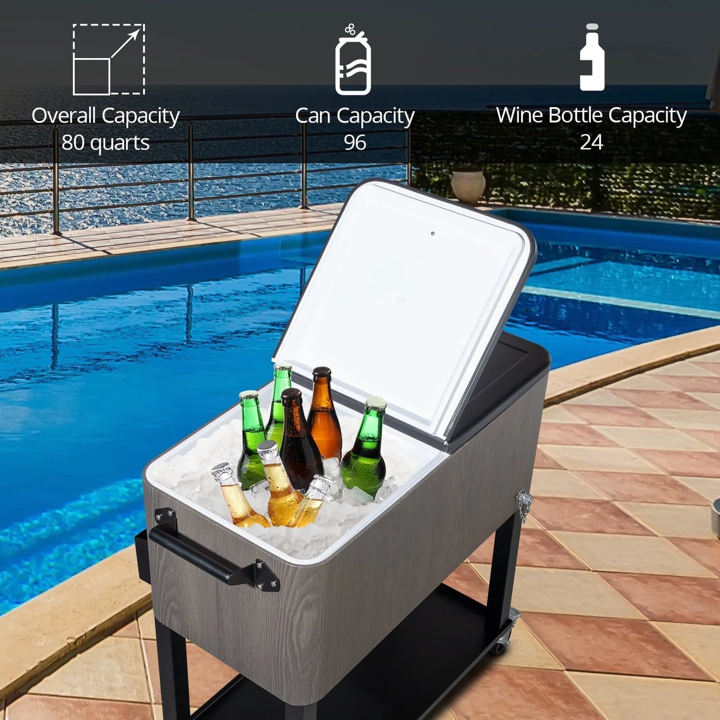 SalonMore 80QT Cooler Cart Patio Rolling Frozen Function with Shelf Wood Grain Accent Gray
