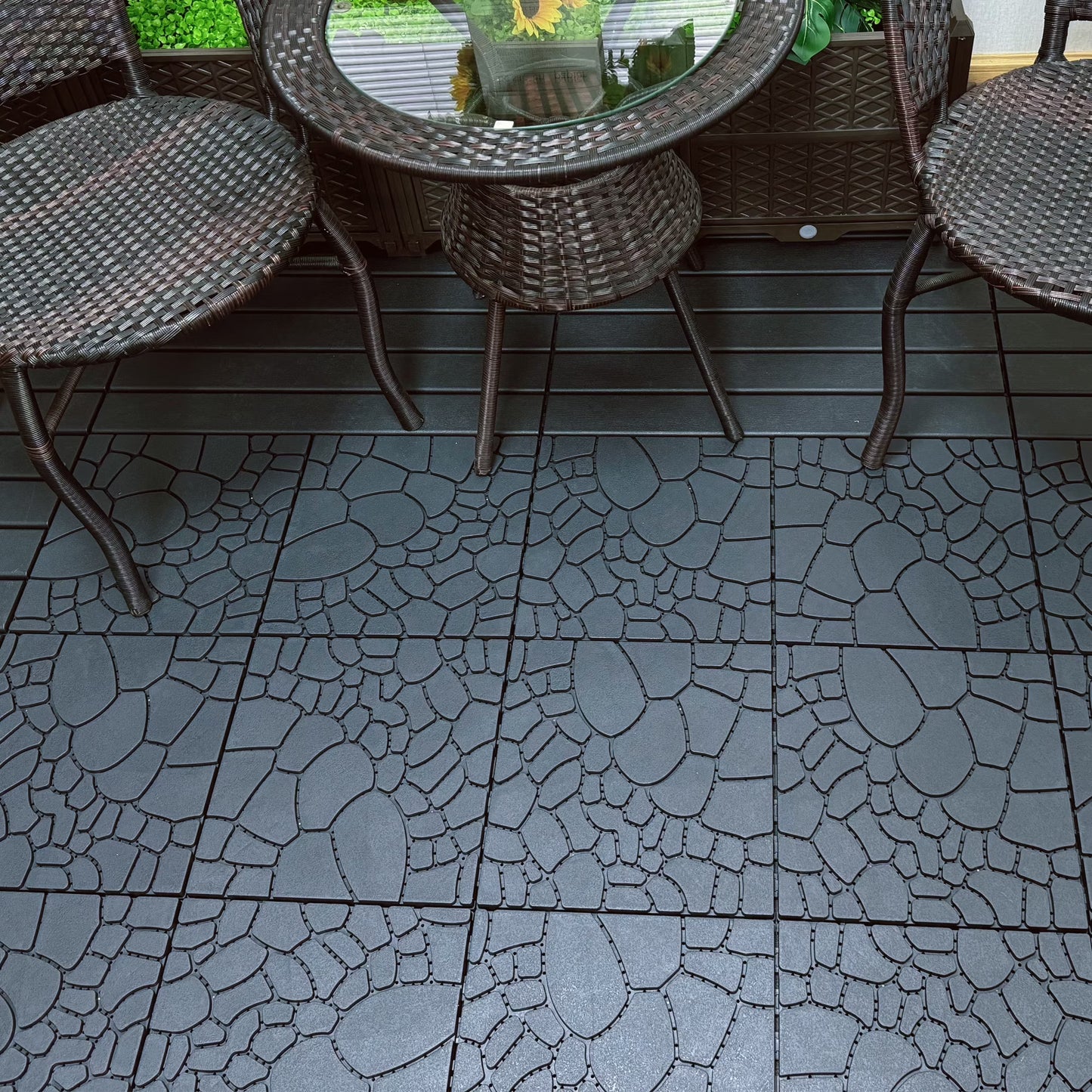 Miniyam 44 Pcs 12"x12" Interlocking Deck Tiles, Rubber Flooring, Patio Decking, Poolside, Dark Gray+Stone Texture
