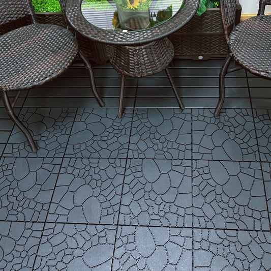 Miniyam 44 Pcs 12"x12" Interlocking Deck Tiles, Rubber Flooring, Patio Decking, Poolside, Dark Gray+Stone Texture