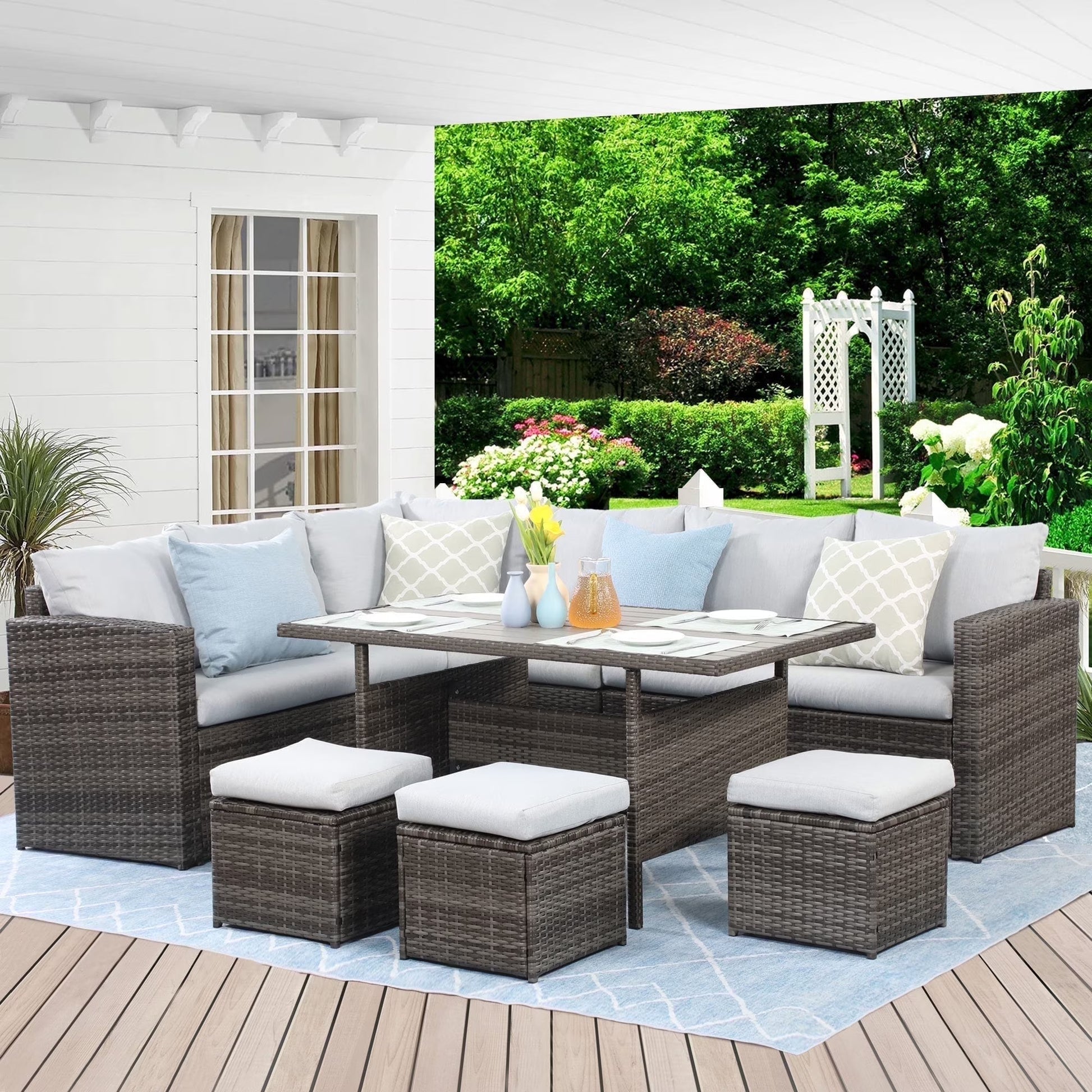 Superjoe 7 Pieces Outdoor Patio Furniture Set with Ottoman, Blue