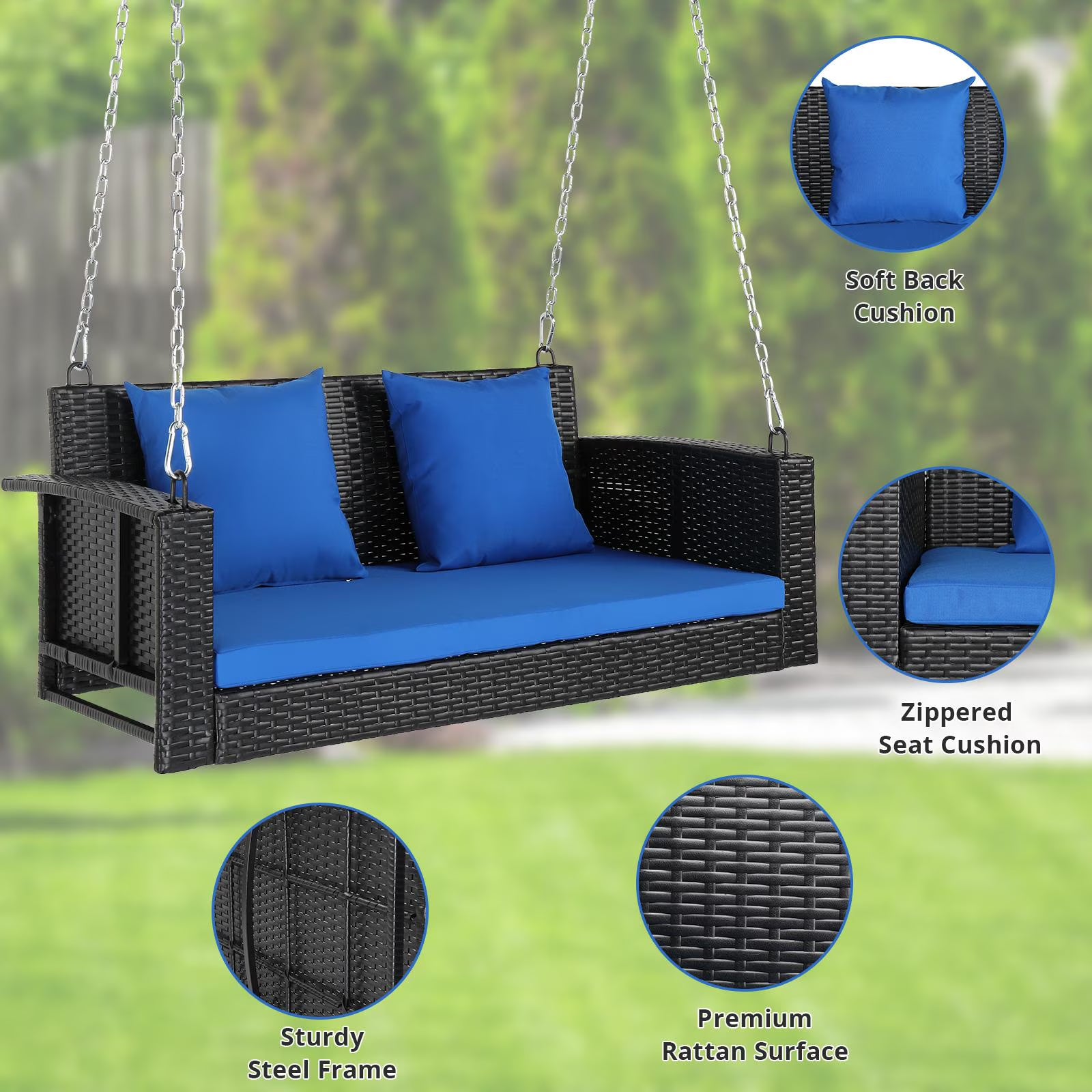 SalonMore Rattan Wicker Swing Hanging Porch Patio Swing 2 Person Seat, Front Porch Haning Swing w/Blue Cushion