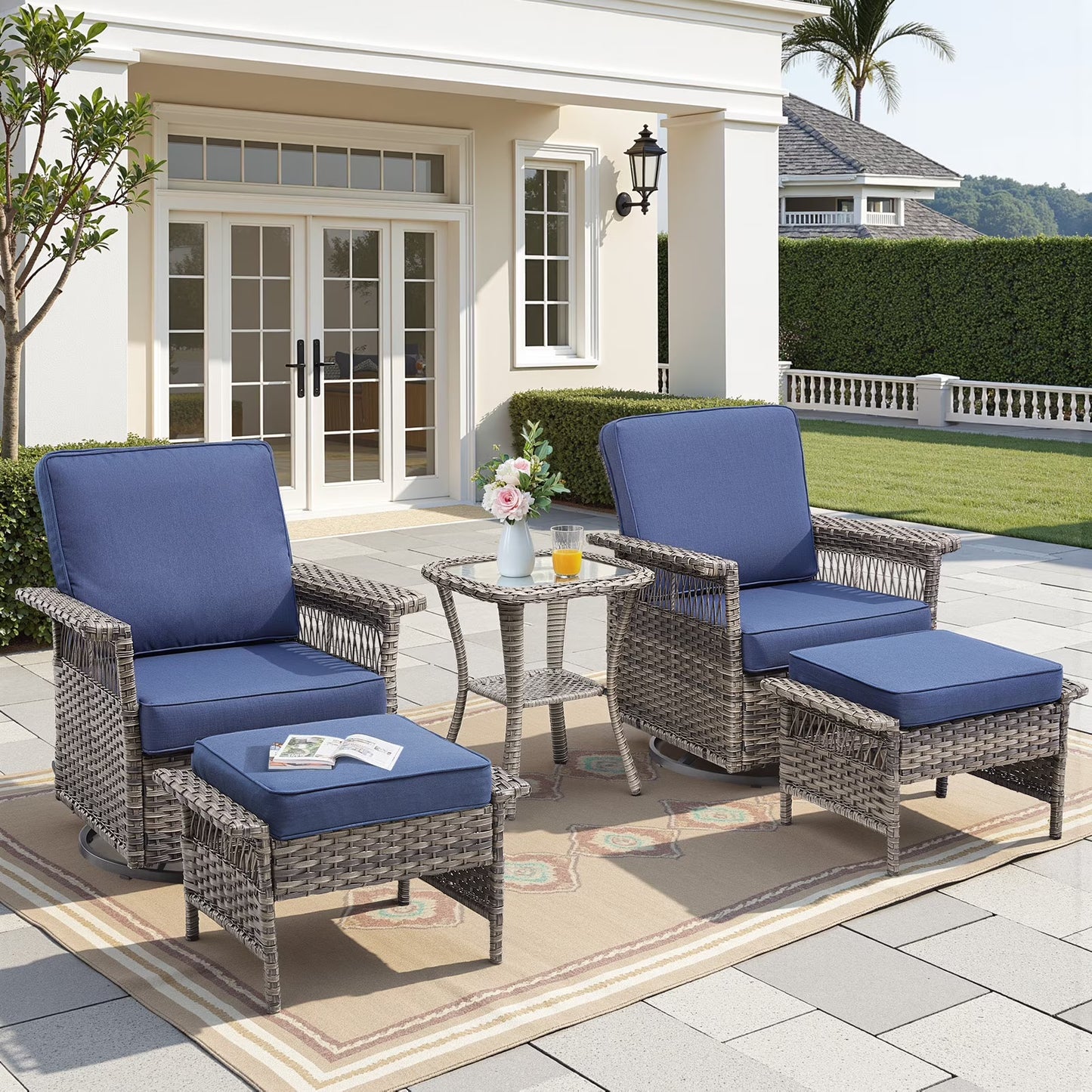 Feishominhoo Outdoor Swivel Rocker Patio Chairs,Gray Wicker Rocking Glider Chairs Set of 2 with Ottomans, Side Table and Beige Cushions Outdoor Patio Furniture for Balcony Porch Deck