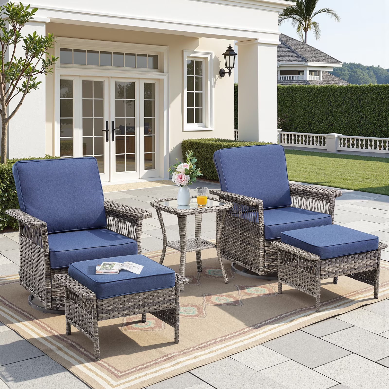 Feishominhoo Outdoor Swivel Rocker Patio Chairs,Gray Wicker Rocking Glider Chairs Set of 2 with Ottomans, Side Table and Beige Cushions Outdoor Patio Furniture for Balcony Porch Deck