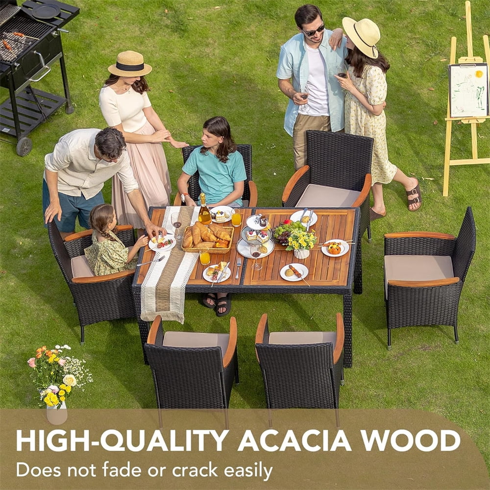 7 Pieces Outdoor Patio Dining Set, Patio Wicker Furniture Dining Set with 6 Chairs and Acacia Wood Top for Yard, Garden, Porch and Poolside, Black