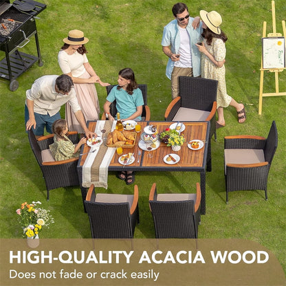 7 Pieces Outdoor Patio Dining Set, Patio Wicker Furniture Dining Set with 6 Chairs and Acacia Wood Top for Yard, Garden, Porch and Poolside, Black