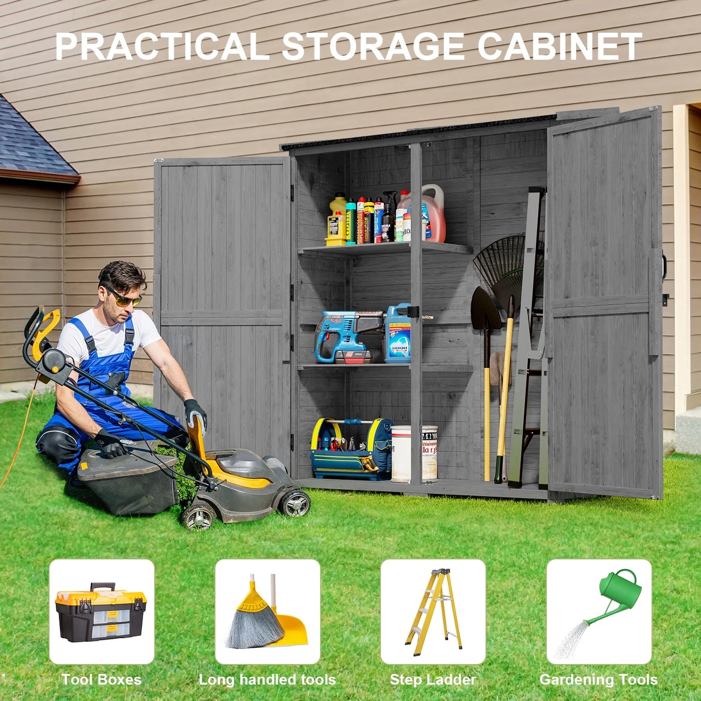 Aiho 55 in. Wide Outdoor Storage Shed with Lockable Double Doors - Weather-Resistant Garden Shed for Patio, Backyard & Lawn, Gray
