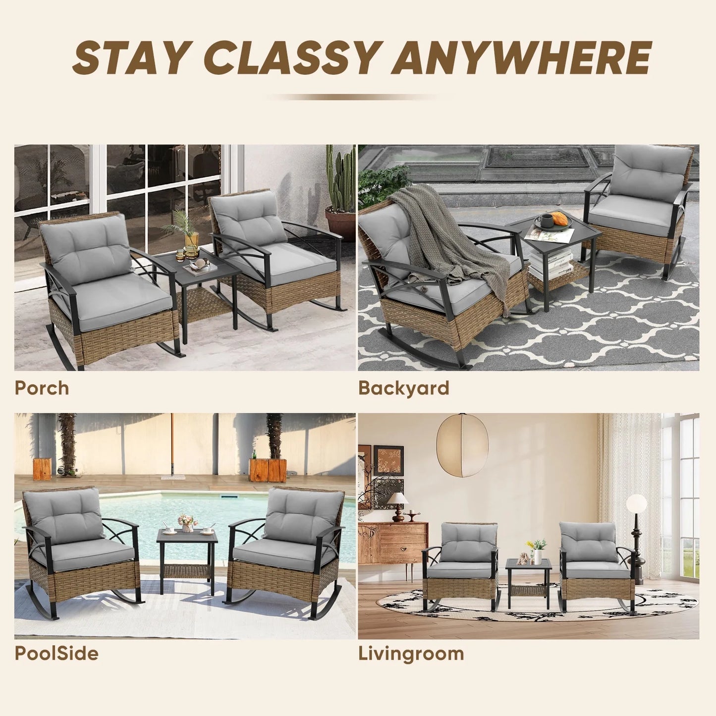 3 Pieces Patio Outdoor Conversation Set, Patio Furniture Bistro Set with 2-Tier Coffee Table, PE Wicker Rocking Chairs with Blue Cushions for for Backyard Porch Poolside