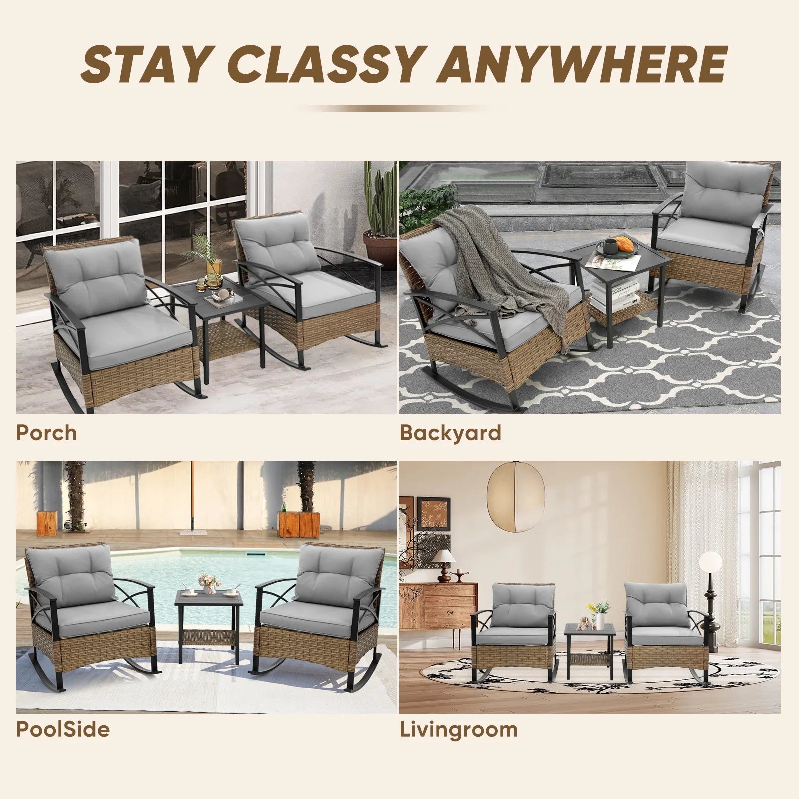 3 Pieces Patio Outdoor Conversation Set, Patio Furniture Bistro Set with 2-Tier Coffee Table, PE Wicker Rocking Chairs with Blue Cushions for for Backyard Porch Poolside