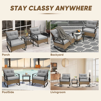 3 Pieces Patio Outdoor Conversation Set, Patio Furniture Bistro Set with 2-Tier Coffee Table, PE Wicker Rocking Chairs with Blue Cushions for for Backyard Porch Poolside