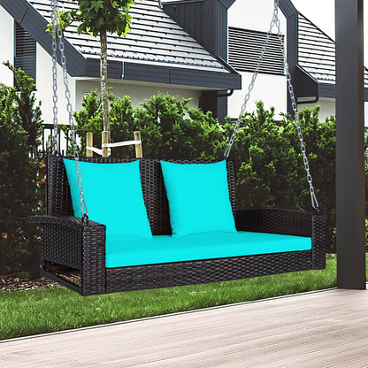 Topbuy Outdoor Wicker Porch Swing Bench 2-Person Patio Rattan Swing Chair W/Soft Cushions Black
