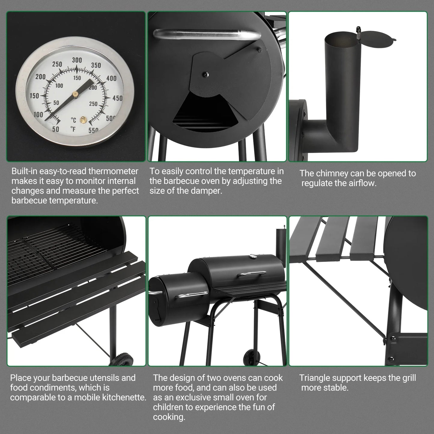 Smoker Grill, Outdoor BBQ Charcoal Grill W/2 Cooking Area, Portable Offset Smoker on Wheels for Patio Backyard Camping