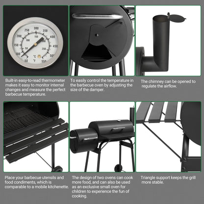 Smoker Grill, Outdoor BBQ Charcoal Grill W/2 Cooking Area, Portable Offset Smoker on Wheels for Patio Backyard Camping
