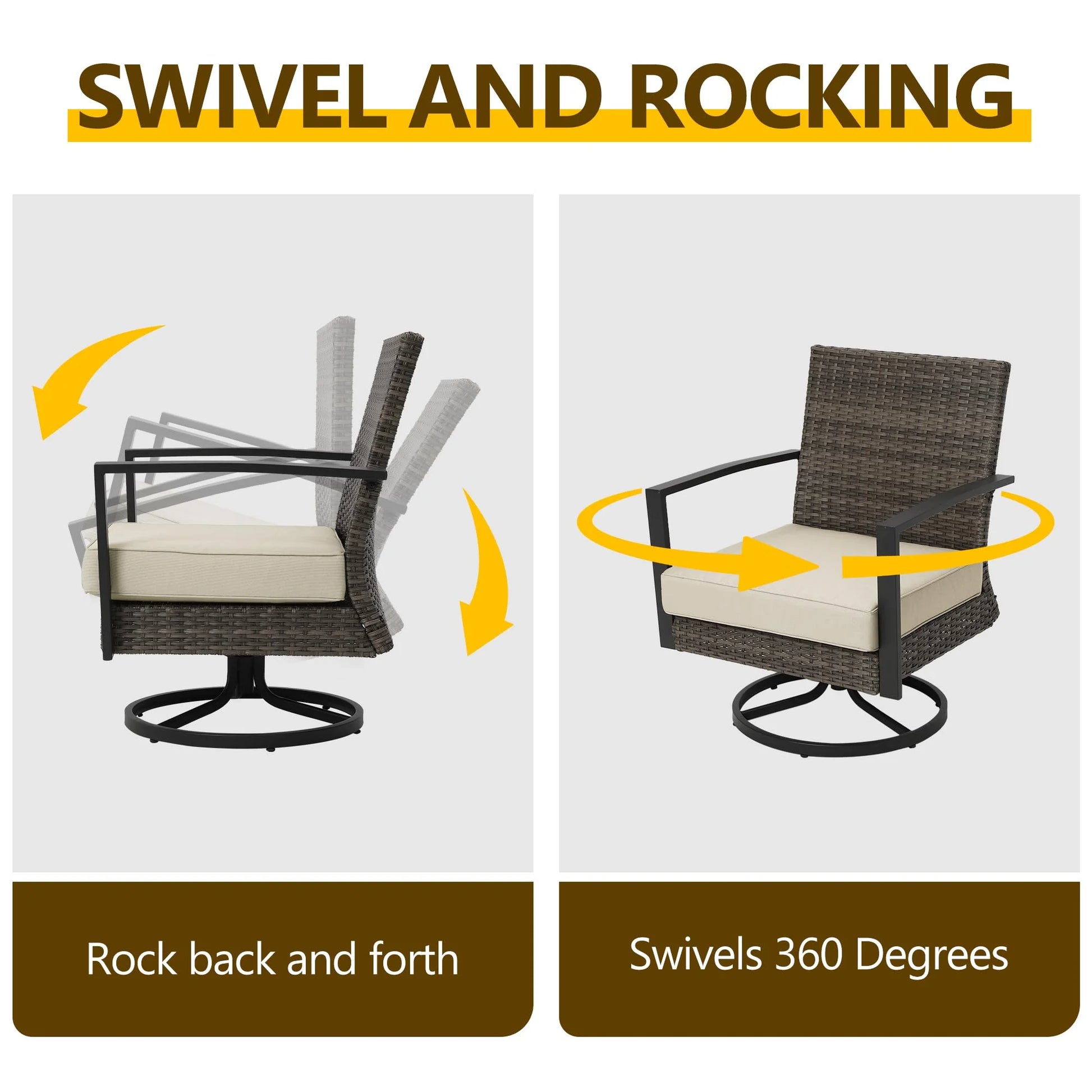 Sunvivi Patio Swivel Dining Chairs with 360-Degree Rotating, All Weather Rattan Chairs with Water-resistant Cushions & Metal Frame, Modern Outdoor Rocking Chair for Porch, Bistro, Balcony