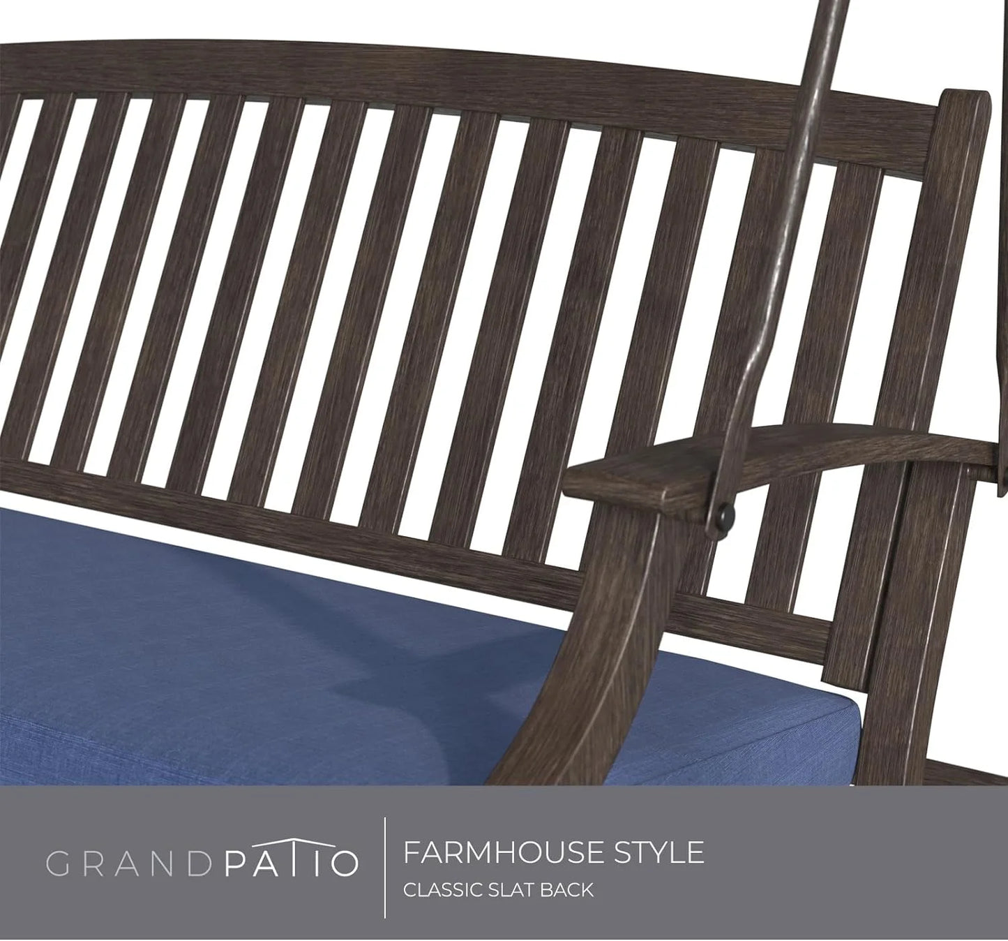 Grand Patio Porch Swing, Outdoor 2-Seat Patio Swing Chair, Adjustable Tilt Canopy, with Removable Cushion, Weather Resistant Powder Coated Painted Woodgrain Frame, Farmhouse Style-Dark Blue