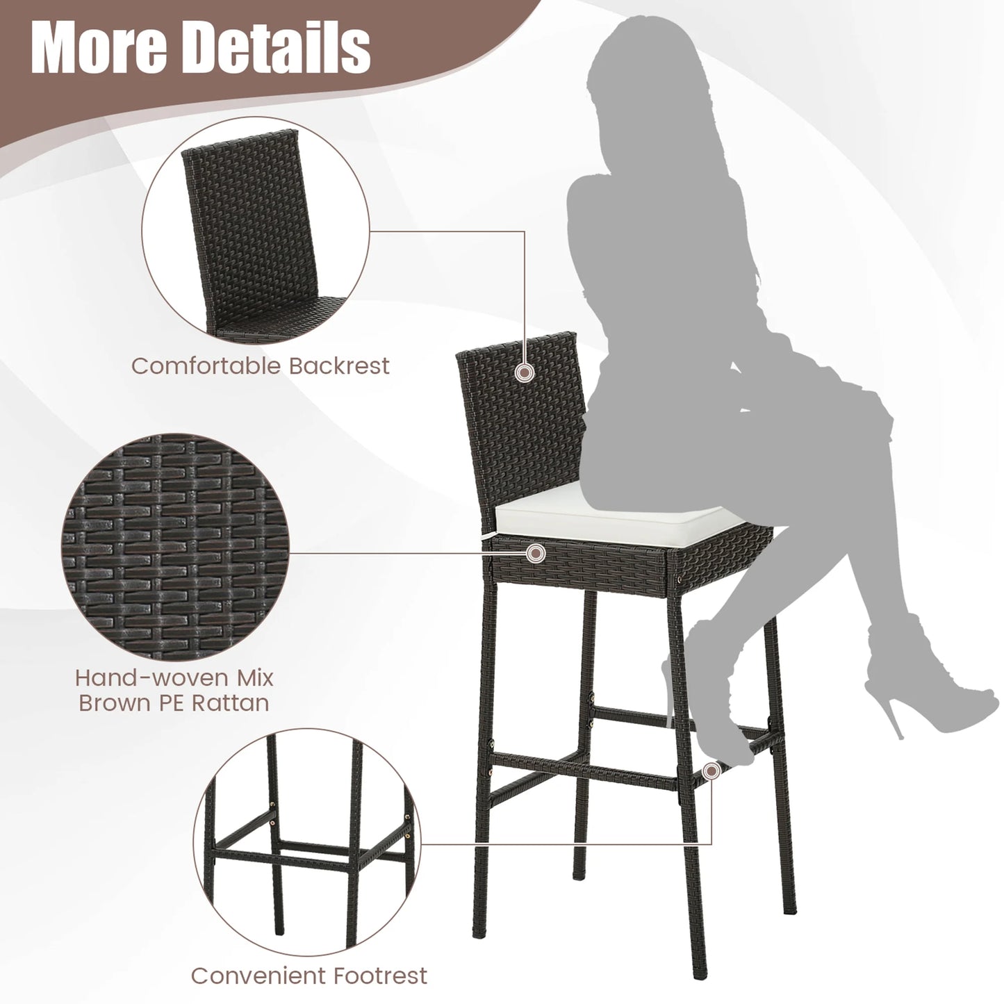 Costway 4 PCS Patio Wicker Barstools Bar Height Chairs with Cushions Backyard Off White