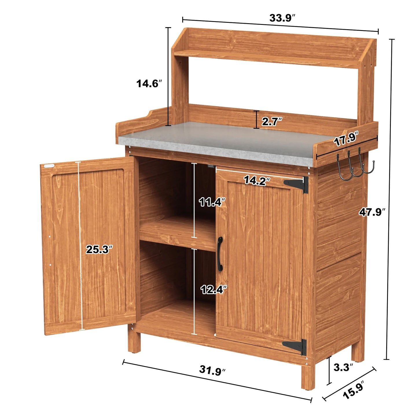 HLR Potting Bench with Storage, Galvanized Steel Tabletop Outdoor Potting Table with Storage for Garden Patio, Original Wood