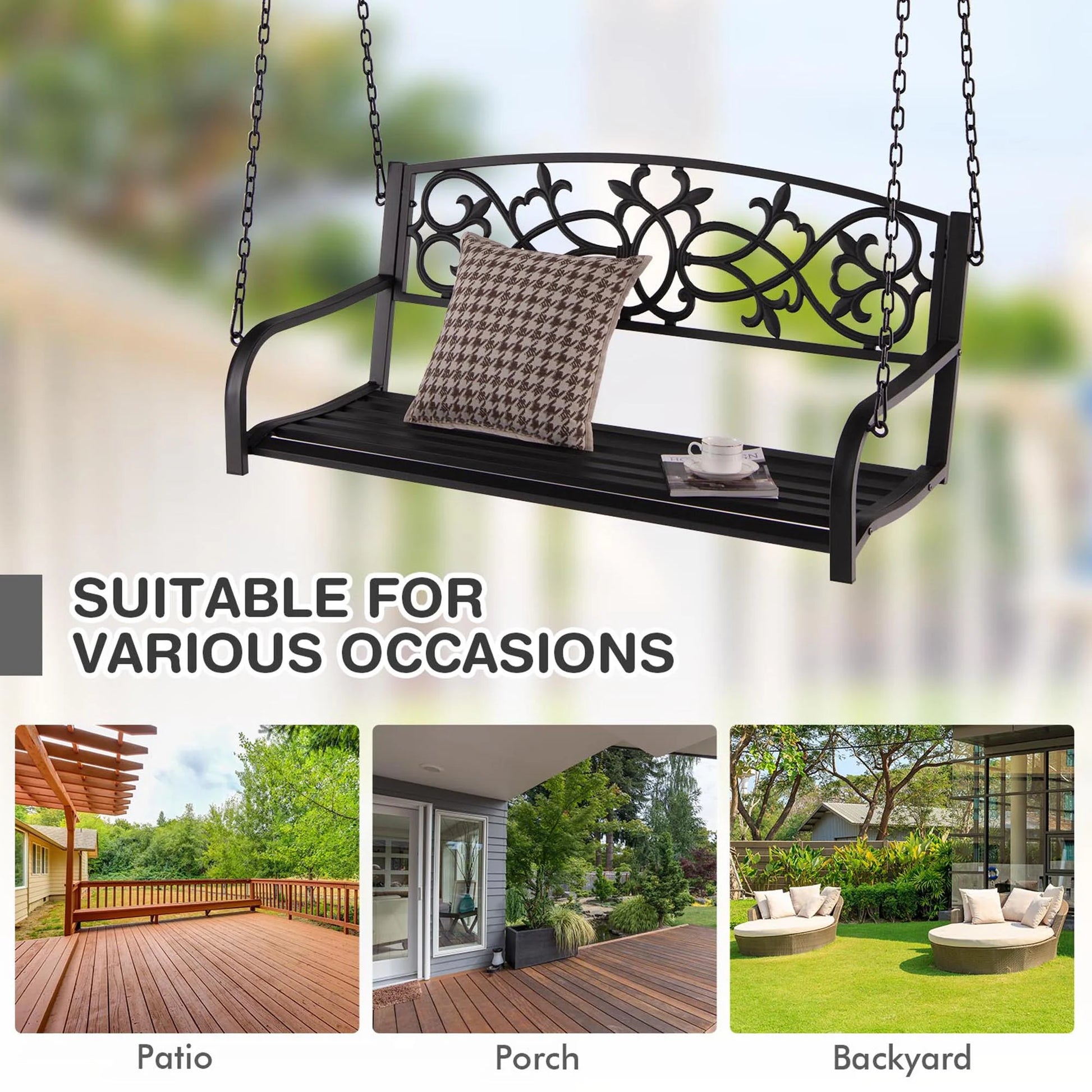 Gymax Patio Hanging Porch Swing 2-Person Outdoor Metal Swing Bench Chair w/Chains Brown