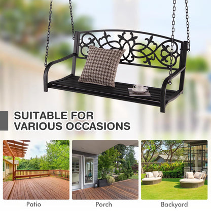 Gymax Patio Hanging Porch Swing 2-Person Outdoor Metal Swing Bench Chair w/Chains Brown