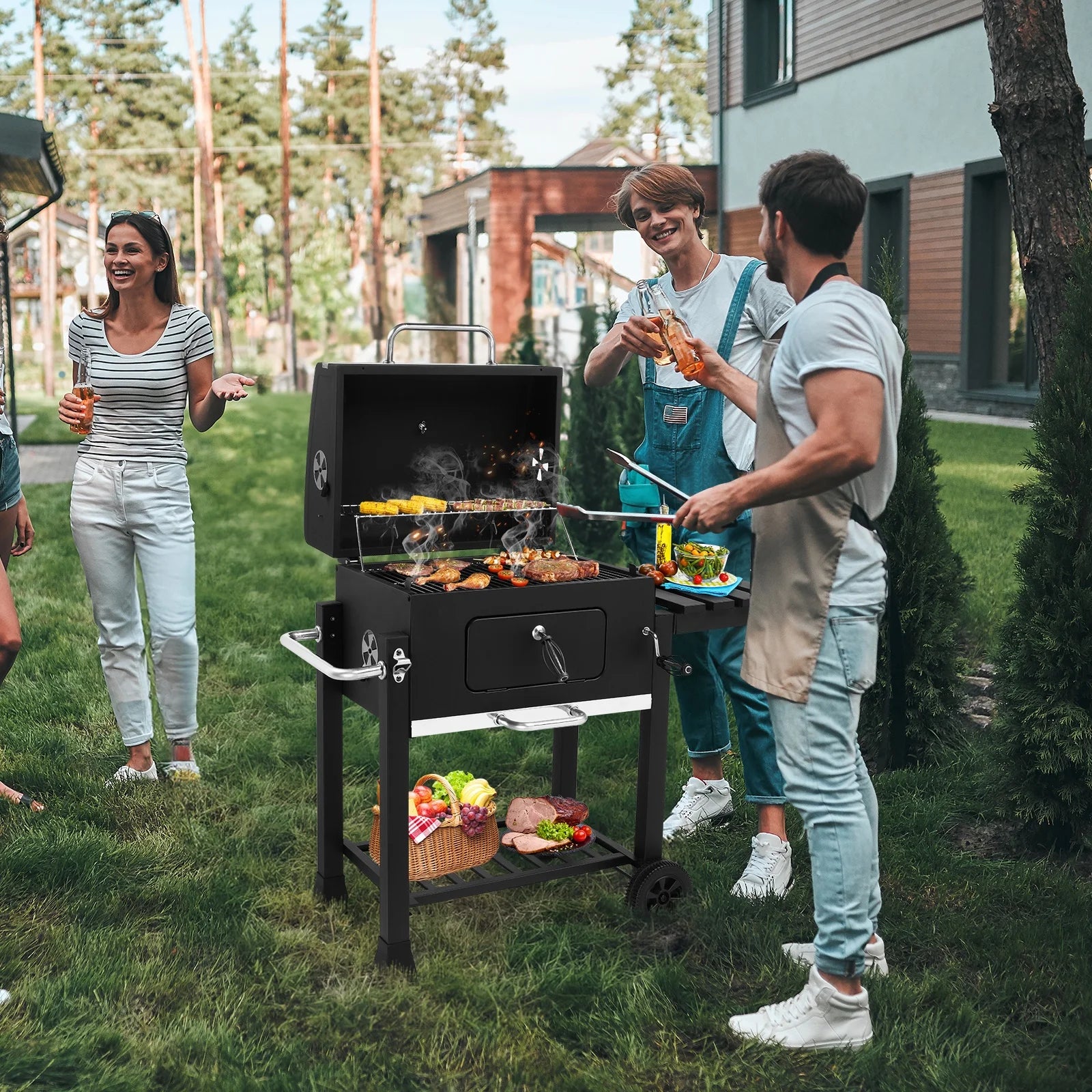 Seizeen Charcoal Grill, 42.5''H Portable BBQ Grill on Wheels, Heavy-duty Outdoor Grill w/2 Grill Area, Adjustable Pan & Foldable Side Table, Picnic Patio Garden and Backyard Grilling