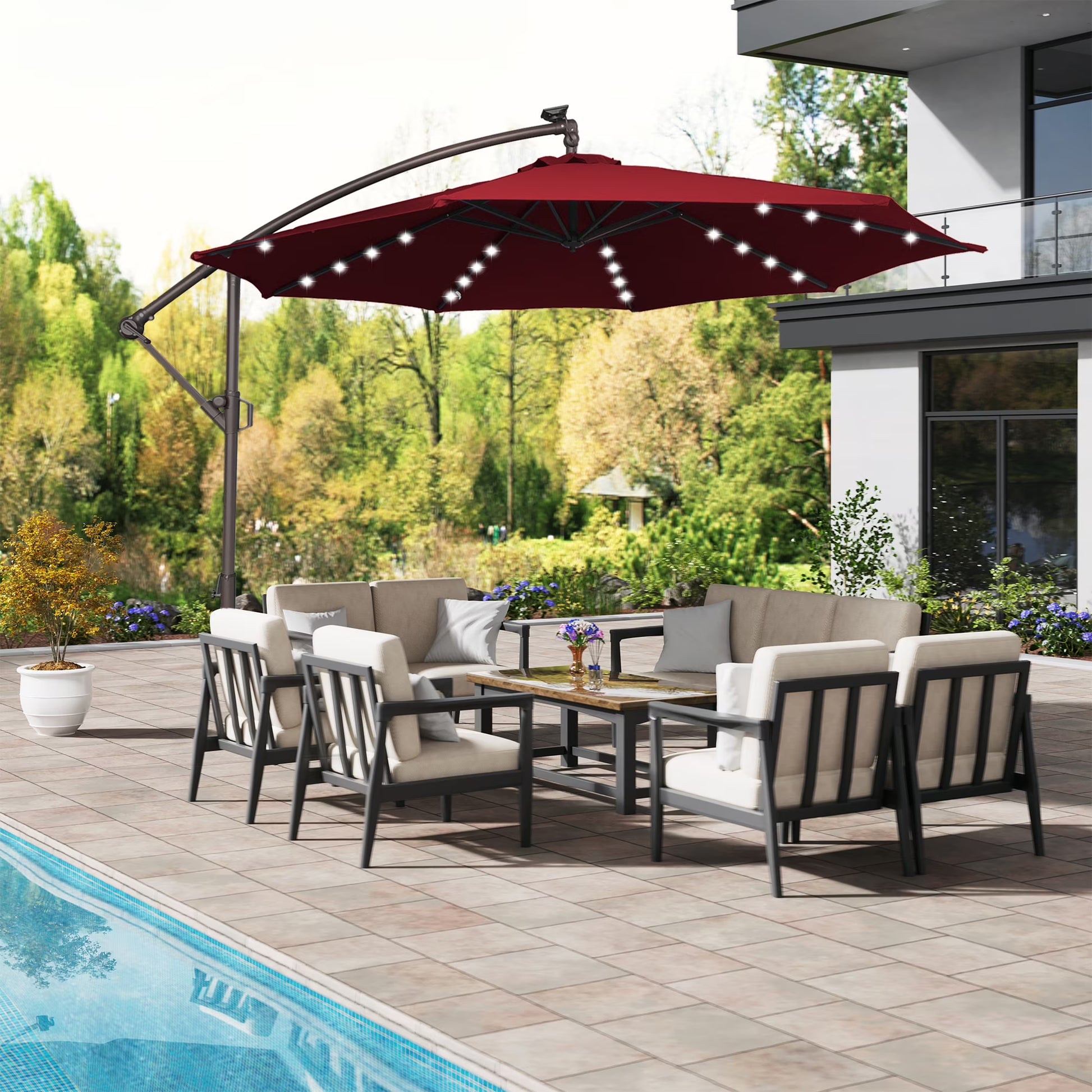 Mondawe 10ft Solar Lights Offset Cantilever Patio Umbrella - with Light, LED Lighted Offset Hanging Patio Outdoor Market Umbrella UPF50+ UV Protection with Crank,Navy Blue