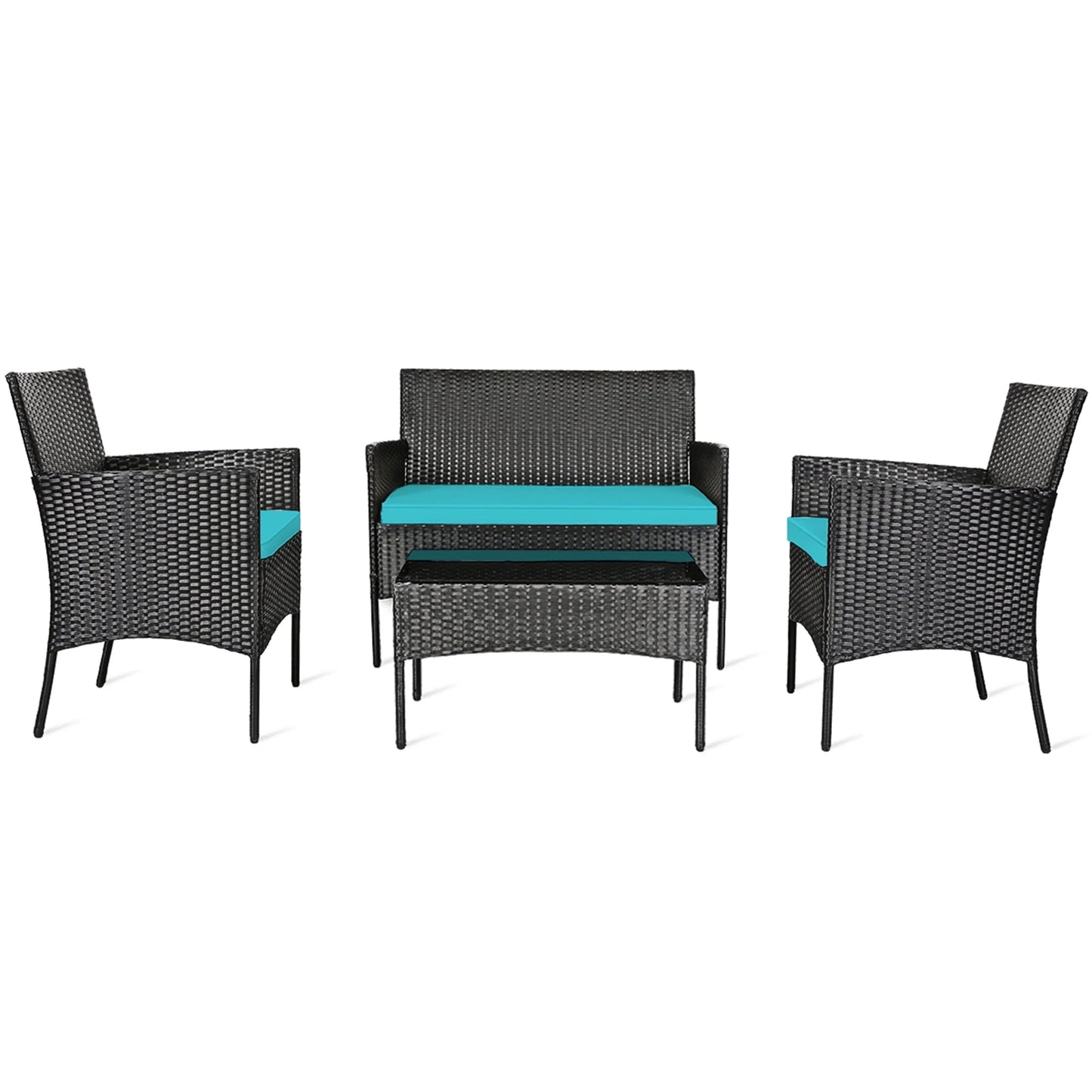 Gymax 4PCS Outdoor Furniture Set Patio Rattan Conversation Set w/Turquoise Cushion