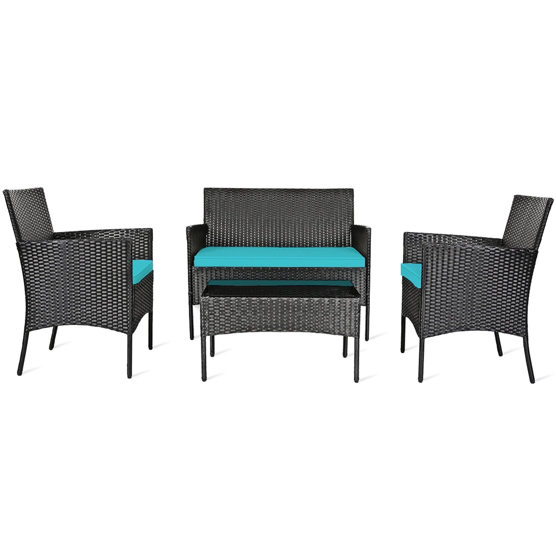 Gymax 4PCS Outdoor Furniture Set Patio Rattan Conversation Set w/Turquoise Cushion